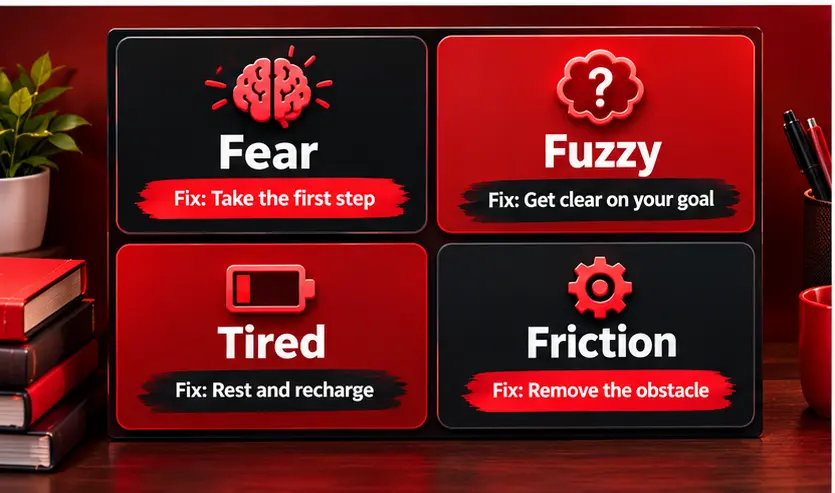 Four-quadrant diagram labeling fear, fuzzy, tired, and friction blocks